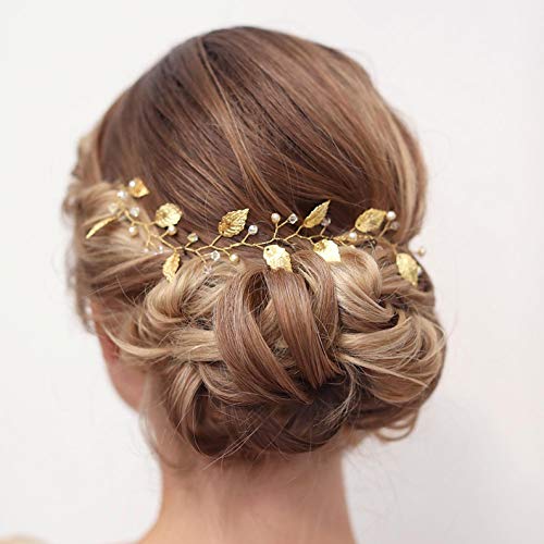 Cathercing Bridal Wedding Headband Hair Vine Headdress Gold Leaf Hair Band Vintage Long Bridal Headband Hair Accessories for Bride Hair Clips for