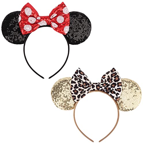 DRESHOW 2 Pack Mouse Ears Bow Headbands Glitter Party Decoration Cosplay Costume for Girls & Women