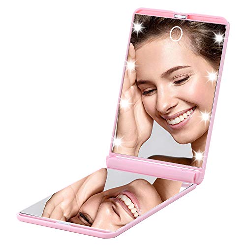 Rantizon Portable Makeup Mirror Dimmable 8 LEDs Lighted Mirror 1X & 2X Magnification Cosmetic Illuminated Handbag Mirror FoldablePocket Mirror Co