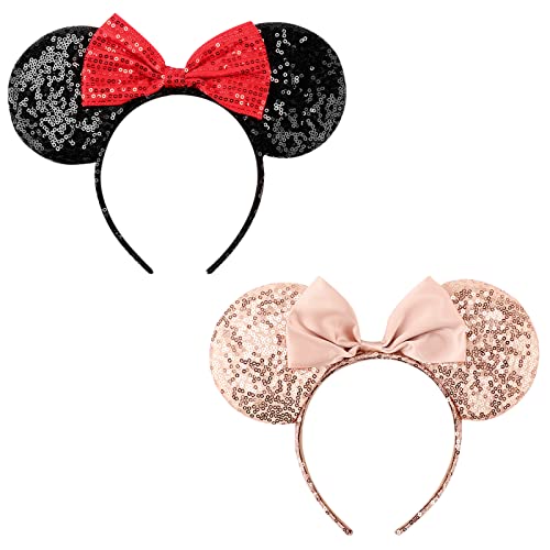 DRESHOW 2 Pack Mouse Ears Bow Headbands Glitter Party Decoration Cosplay Costume for Girls & Women