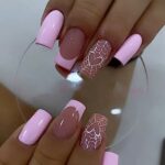 24Pcs Press on Nails Medium Length - Pink Heart Spiderweb Square Fake Nails French Tip Glossy - Acrylic French Stick on Nails with Glue - Fake Na