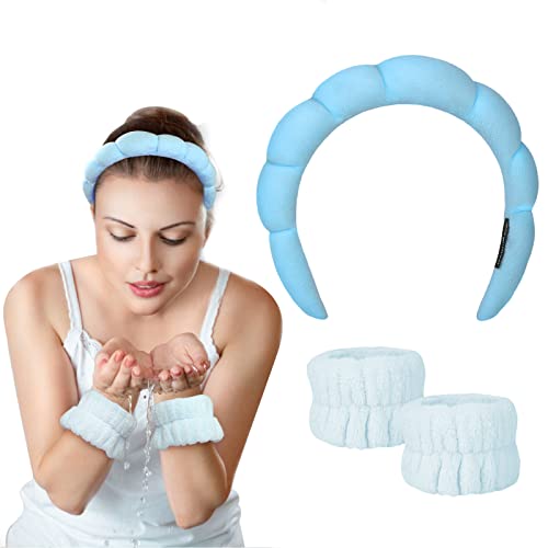 Spa Headband for Women Sponge, Puffy Makeup Headband for Skincare, Skincare Headband with Wristbands Terry Towel Cloth Fabric Head Band, Facial M