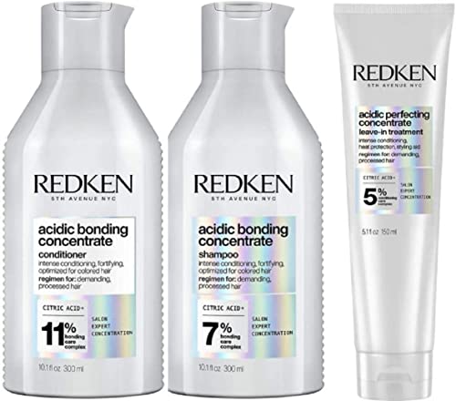 REDKEN Acidic Bonding Concentrate, Shampoo 300 ml, Conditioner 300 ml & Leave In Treatment 150 ml Set, Repairs & Protects Colour-Treated Hair, Tr