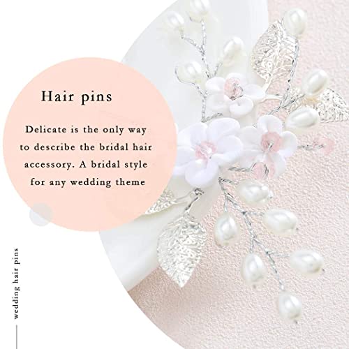 Edary Bride Wedding Flower Hair Pins Pearl Bridal Hair Pieces Wedding Hair Accessories Silver Hair Clips for Women and Girls (Pack of 5)