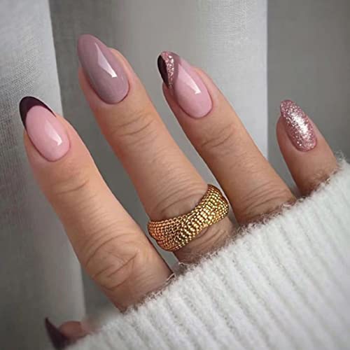 JUSTOTRY 24 Pcs Stiletto False Nails Medium with Jewels,Beige French Press on Nails Pattern,Fake Nails Short with Nail Glue,Almond Stick on Nails