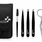 5Pcs Tweezers Set - Eyebrow Grooming Kit with Curved Stainless Steel Scissors, Spoolie Eyebrow Brush in Black Case - Eye brow Kit for Men and Wom
