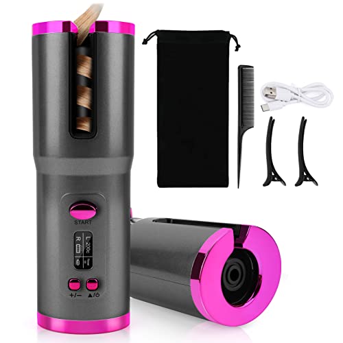 Cordless Auto Curling Iron, Topretty Hair Wand Curling LCD Display & USB Rechargeable Anti-Tangle Hair Curlers for Long Hair Adjustable Temperatu