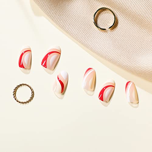 JUSTOTRY 24 Pcs Fake Nails Short, Red and Yellow Swirl Press on Nails with Designs, Glossy Pink French False Nails Short, Stick on Nails for Wome