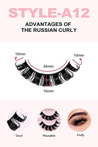 False Eyelashes Russian Volume Strip Lashes,Wispy D Curl Fake Eyelashes,Faux Mink Lashes Natural Look Fluffy Russian Strip Lashes 3D Effect 10 Pa