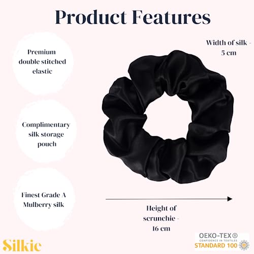 SILKIE x2 Set 100% Pure Mulberry Silk Pink Black Large Oversized Scrunchies Silk Travel Pouch Hair Ties Elastics Hair Care Premium Ponytail Holde