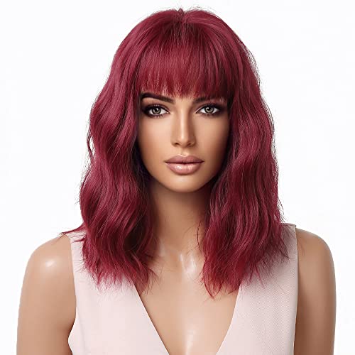 Esmee Short Wave Pink Bob Wigs With Bangs Shoulder Length Wig Curly Wavy Synthetic Cosplay Wigs for Women-12 Inches