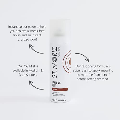St Moriz Original Instant Tanning Mist in Medium | Fast Drying Vegan Fake Tan Mist | Instant Wash Off Guide Colour for a Golden Glow | 150ml