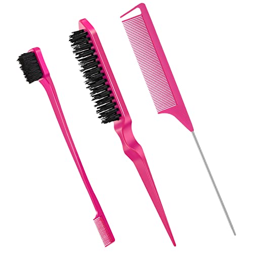 Fuyamp 3 Packs Slick Brush Set Teasing Brush Set, Plastic Bristle Hair Brush Teasing Comb Edge Hair Brush Grooming Combs Sturdy Rat Tail Comb Dou