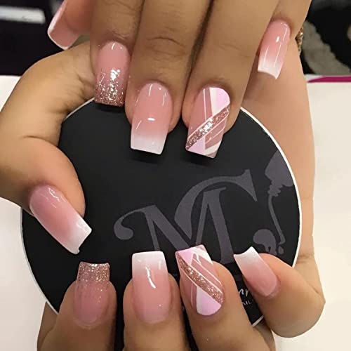JUSTOTRY 24 Pcs Short False Nails Square,White French Press on Nails Pattern, Pretty Milky Fake Nails Short with Nail Glue, Stick on Nails for Wo