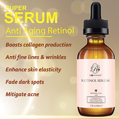 ROSVANEE Retinol Serum for Face 60ml - High Strength with 2.5% Retinol, Hyaluronic Acid, Vitamin C & E, Anti Aging Facial Serum for Skin Repair,
