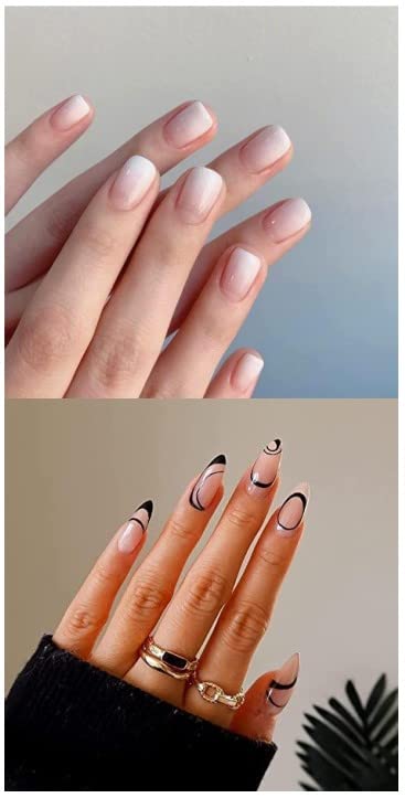 JUSTOTRY 4 Packs (96 Pcs) White and Black Square False Nails Short Pattern,Cheap and Durable French Press on Nails,Swirl Fake Nails Medium with N