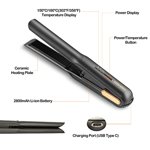 Cordless Hair Straighteners Curler 2 in 1 Cordless Portable Hair Iron Ceramic 8 Inch, Anti-Scald 2-Level Hair Straightening Iron with 110-220V, H