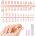 MELLIEX 192 Pcs French False Nails with Glue Nail Files, Nude Short Fake Nail Tips Full Cover Fake Nails for Women Girls Nail Decorations - 10 Si