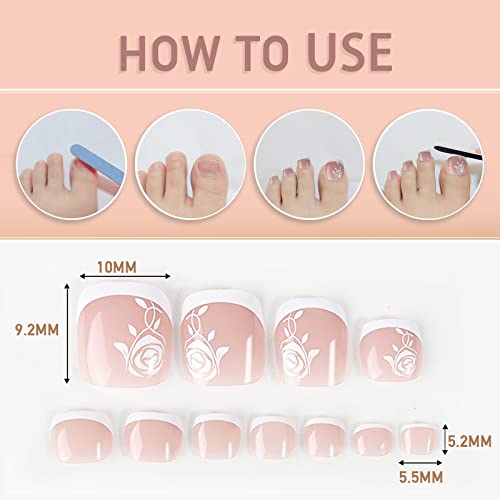 24pcs French False Toenails Tips Stick on Toenails Natural Press on Toenails Nude Short Fake Toe Nails for Women Toenail Decorations (Glitter)