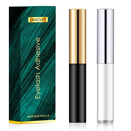 Lanciley Eyelash Glue 2 Pcs Super Strong Hold Clear False Eyelash Glue with Brush Applicator Eyelash Adhensive Glue for Strip Lash Cluster Lashes