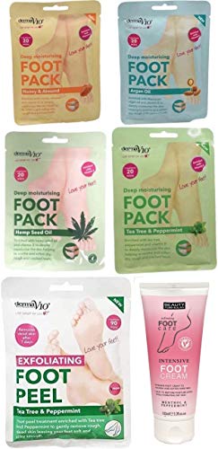 Derma V10 Foot Pack Mask (6 Pack) Deep Moisturising (Tea Tree & Peppermint, Honey & Almond, Argan Oil)
