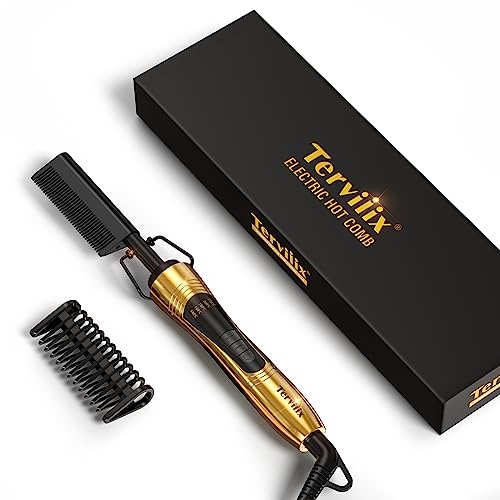 Hot Comb Electric by Terviiix, Hot Comb for Wigs, Afro Hair & Beard, Anti-Scald Straightening Comb with Keratin & Argan Oil Infused Teeth, Temper