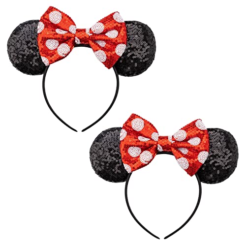 DRESHOW 2 Pack Mouse Ears Bow Headbands Glitter Party Decoration Cosplay Costume for Girls & Women