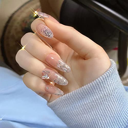 JUSTOTRY 24 Pcs Diamante Fake Nails Long, Nude French Press on Nails Patterns, Ballerina Stick on Nails for Women, Acrylic Medium Coffin False Na