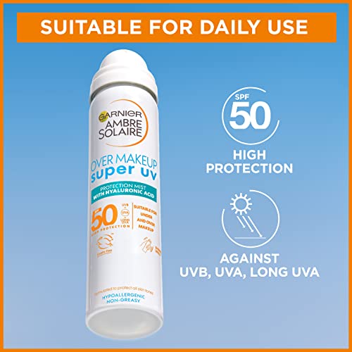 Garnier Ambre Solaire Sun Protection Over Makeup, Non-Greasy + Lightweight, With Hyaluronic Acid, Protection Mist SPF50, Super UV, 75ml