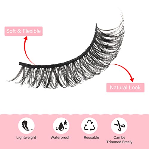 False Eyelashes Russian Strip Lashes D Curly Natural Wispy Fluffy 3D Effect Hybrid Strip Lashes Fake Eyelashes 10 Pairs Pack with 2 Self-adhesive