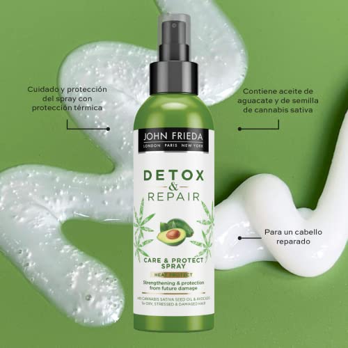 John Frieda Detox & Repair Care & Protect Heat Protection Spray 200 ml, Detangling and Strengthening Spray for Dry, Stressed and Damaged Hair, Le