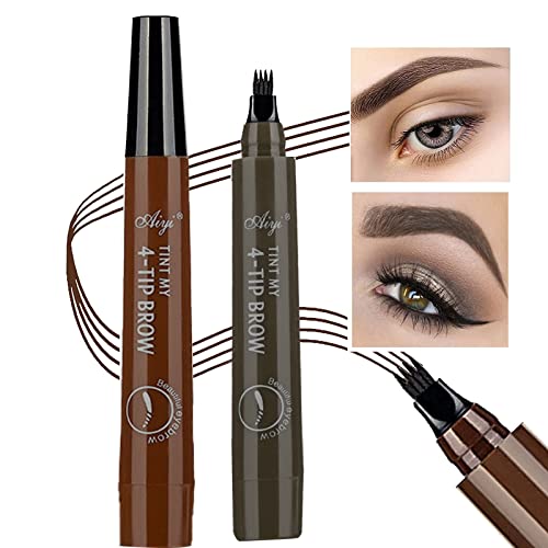 2PCS Eyebrow Pen,Long-Lasting Brow,Waterproof Eyebrow Pencil,Eyebrow Makeup Natural Professional Eyebrow,Eyebrow Pen with Fork Tip (Dark Brown&Gr