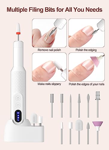 Electric Nail Files, Nail Drill Portable E File Kit with Rechargeable Base, 12 Drill Bits, Adjustable Speed Electric Manicure and Pedicure Set fo