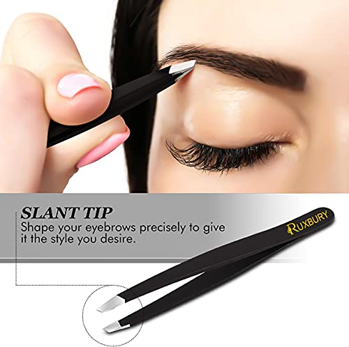 Ruxbury 4pcs Tweezers for facial hair women & men Professional Stainless Steel black color coated precision tweezers Slanted & Pointed Tip eyebro