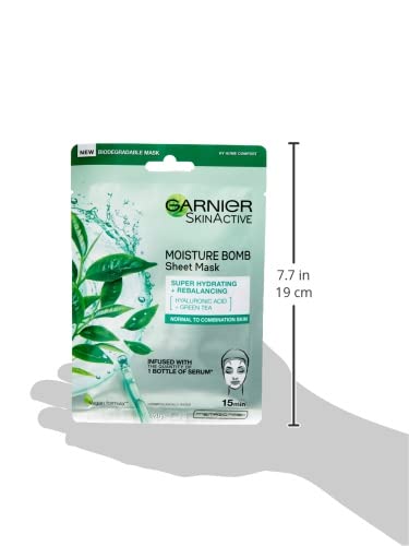 Garnier Moisture Bomb Green Tea and Hyaluronic Acid Sheet Mask, Hydrating & Rebalancing Face Mask, For Sensitive Skin, Biodegradable and Vegan Ti