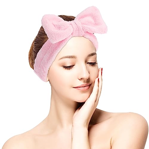 Spa Headband for Face Washing- Makeup Headbands Absorbent Bowknot Face Washing Headband, Soft Coral Fleece Facial Skincare Headband Elastic Hairb