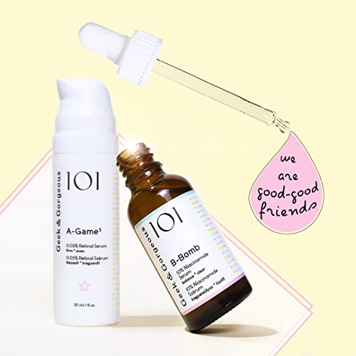 Geek & Gorgeous 101 B-Bomb - 10% Niacinamide Serum, Zinc PCA & Sarcosine, helps enlarged pores, oiliness and blemishes, combination skin, 30ml