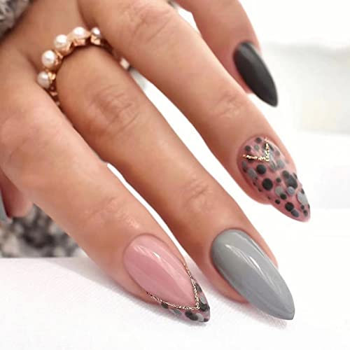 JUSTOTRY 24 Pcs Stiletto False Nails Medium with Jewels,Beige French Press on Nails Pattern,Fake Nails Short with Nail Glue,Almond Stick on Nails