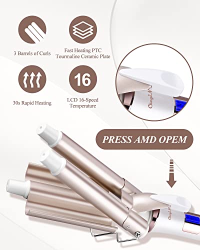 CkeyiN 3 Barrel Hair Waver, Curling Iron with LCD 16 Temperature Control Displays, Professional Ceramic Tourmaline Curling Wand, 22mm Hair Crimpe