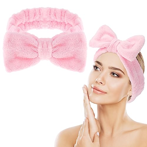 Spa Headband for Face Washing- Makeup Headbands Absorbent Bowknot Face Washing Headband, Soft Coral Fleece Facial Skincare Headband Elastic Hairb