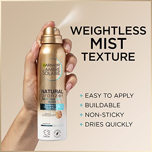 Garnier Ambre Solaire Natural Bronzer Quick Drying Body Self Tan Mist, Medium, Intense & Streak Free Fake Tan, Lasts Up to 1 week, Approved by Cu