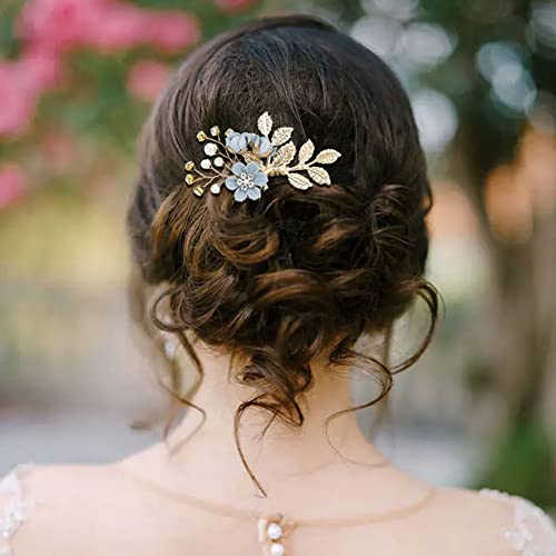 inSowni 20 Pack Classy Dusty Blue Flower Bridal Wedding Hair Side Combs+Floral Hair Pins+Twist Spiral Pearl Hair Pins Clips Pieces Formal Prom He