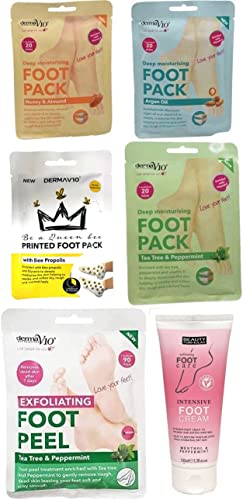 Derma V10 Foot Pack Mask (6 Pack) Deep Moisturising (Tea Tree & Peppermint, Honey & Almond, Argan Oil)