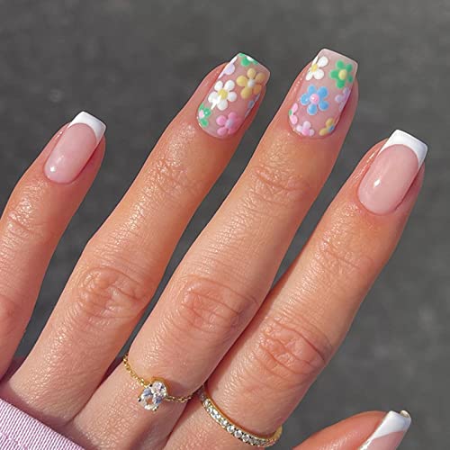 JUSTOTRY 24 Pcs Short False Nails Square,White French Press on Nails Pattern, Pretty Milky Fake Nails Short with Nail Glue, Stick on Nails for Wo