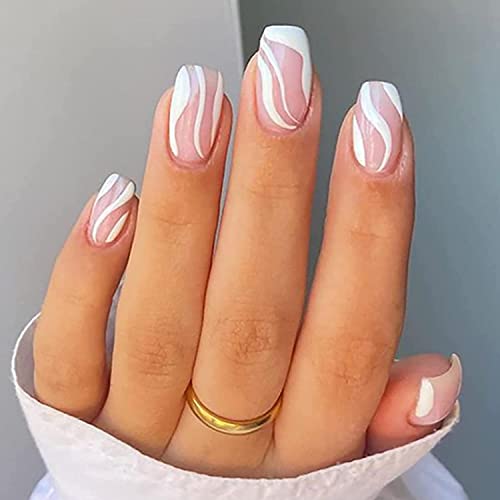 JUSTOTRY 4 Packs (96 Pcs) White and Black Square False Nails Short Pattern,Cheap and Durable French Press on Nails,Swirl Fake Nails Medium with N