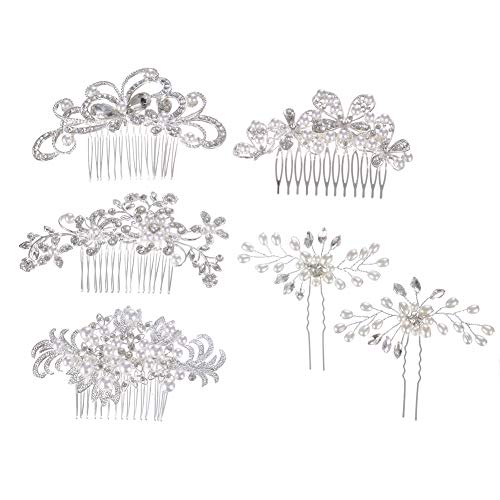 inSowni 32 Pack Silver Wedding Hair Side Combs Slides+U-shaped & Twist Spiral Bridal Hair Pins Headpieces Clips Barrettes Rhinestones Pearls Hair