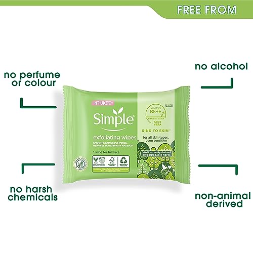 Simple Kind to Skin Exfoliating Biodegradable Facial Wipes gently removes dirt, make-up and exfoliates dead skin cells for sensitive skin 20 wipe