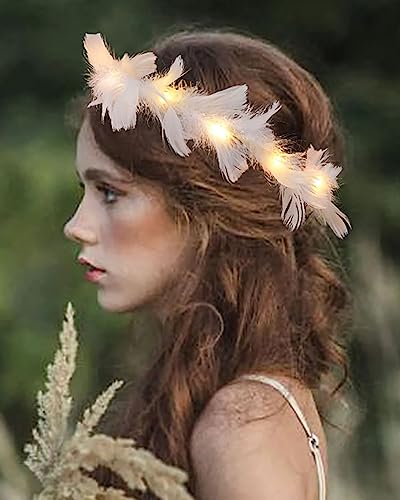 Edary Light Up Headband LED Feather Headbands Luminous Festival Hair Piece Party Hair Accessories for Women and Girls(Pack of 2)