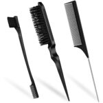 Qufiiry 3Pcs Slick Back Hair Brush Set, Double-Sided Edge Brush, Hard Bristle Brush and Rat Tail Hair Comb, Teasing Hair Edge Brushing, Slicking