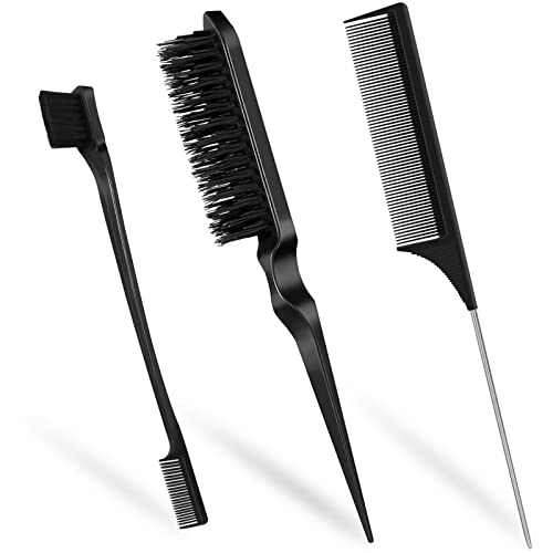 Qufiiry 3Pcs Slick Back Hair Brush Set, Double-Sided Edge Brush, Hard Bristle Brush and Rat Tail Hair Comb, Teasing Hair Edge Brushing, Slicking